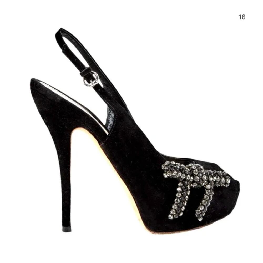 Gucci 8 Rhinestone $1120 Bow Slingback Platform Heels Suede Peeptoe Pumps 38 - Picture 3 of 14
